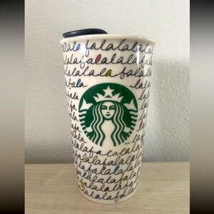 Starbucks 2011 FaLaLa Holiday Ceramic Mug Travel Tumbler 12 oz Coffee Cup w/ Lid